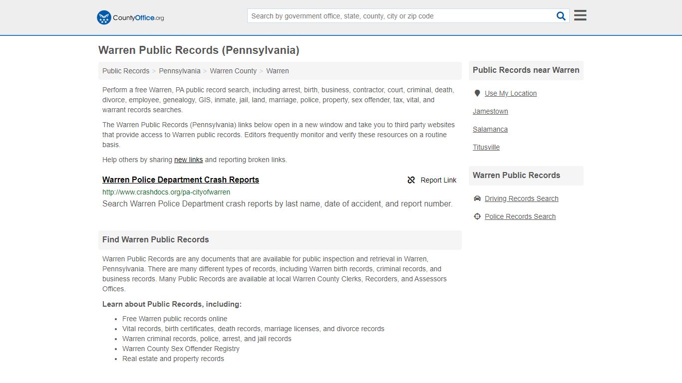 Public Records - Warren, PA (Business, Criminal, GIS, Property & Vital ...